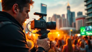 Videographer capturing memorable moments at an outdoor urban event with vibrant city backdrop.