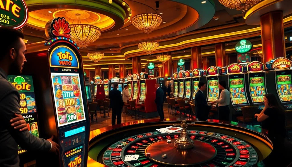 Rasakan permainan yang mendebarkan dengan mesin slot Toto dan suasana kasino yang hidup penuh semangat.