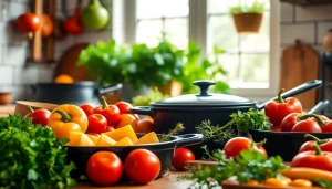 A vibrant kitchen scene showcasing high-quality cast iron cookware NZ with colorful vegetables and herbs.