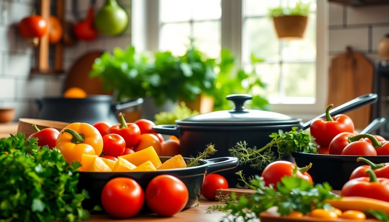 A vibrant kitchen scene showcasing high-quality cast iron cookware NZ with colorful vegetables and herbs.