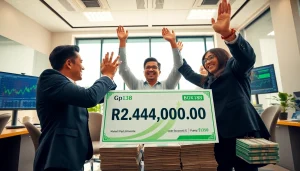 BOX138 celebration of financial success with joyful professionals and cash withdrawal.