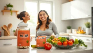 明るいキッチンで葉酸サプリが並ぶ健康的なライフスタイルの様子