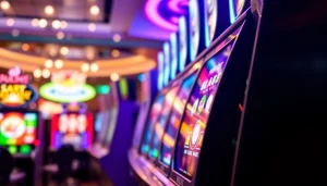 เล่น 918kiss slot โดยมีเครื่องสล็อตสดและสัญลักษณ์สีสันสดใสในบรรยากาศคาสิโน