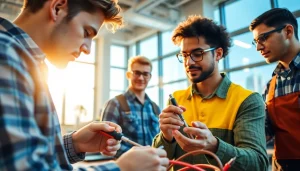 Students at the electrician trade school Colorado engaged in hands-on learning.