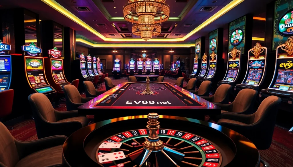 Experience the thrill of gambling at EV88 net with dynamic gameplay elements like poker chips and cards.