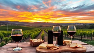 Experience the beauty of wineries in Clarksburg with a scenic vineyard sunset and wine tasting setup.