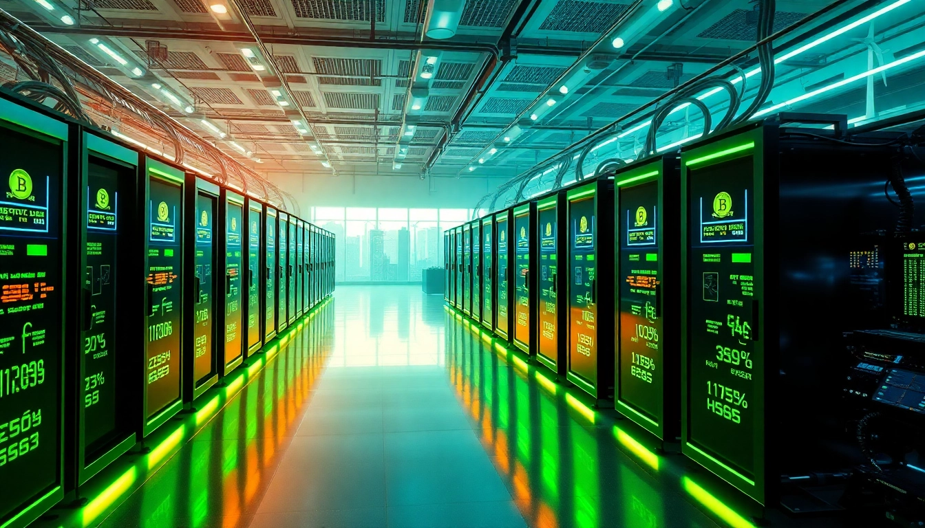 Visual representation of a modern facility for free crypto mining, featuring renewable energy sources.