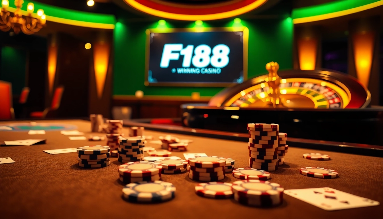 F168 casino excitement with poker chips, a roulette wheel, and vibrant colors for engaging gambling visuals.