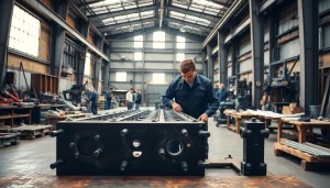 Craftsmen engaged in custom steel fabrication showcasing skill in their professional workshop.