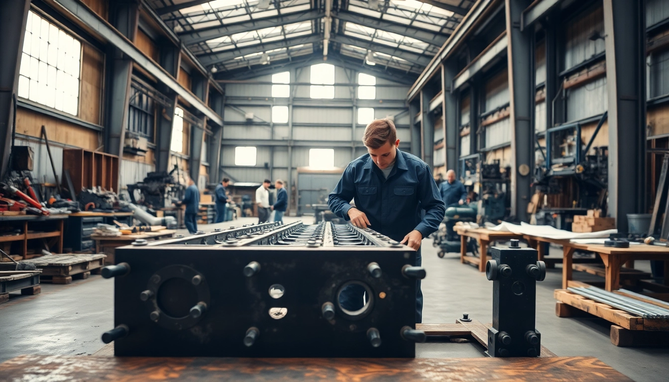 Craftsmen engaged in custom steel fabrication showcasing skill in their professional workshop.