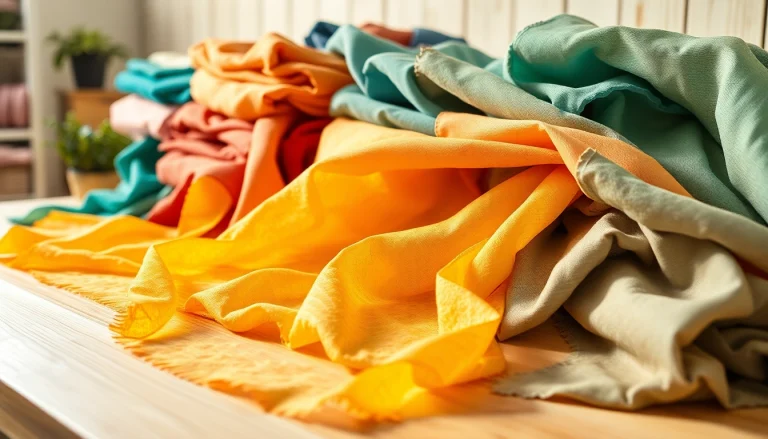 Ontdek de zachte hydrofiele stof met verschillende kleuren en dessins op een houten tafel.