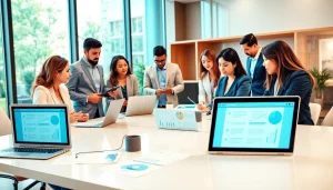 在现代办公室场景中展示的 WPS Office 软件，专业人士正在协同工作。