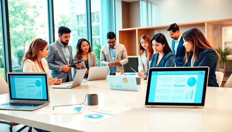 在现代办公室场景中展示的 WPS Office 软件，专业人士正在协同工作。