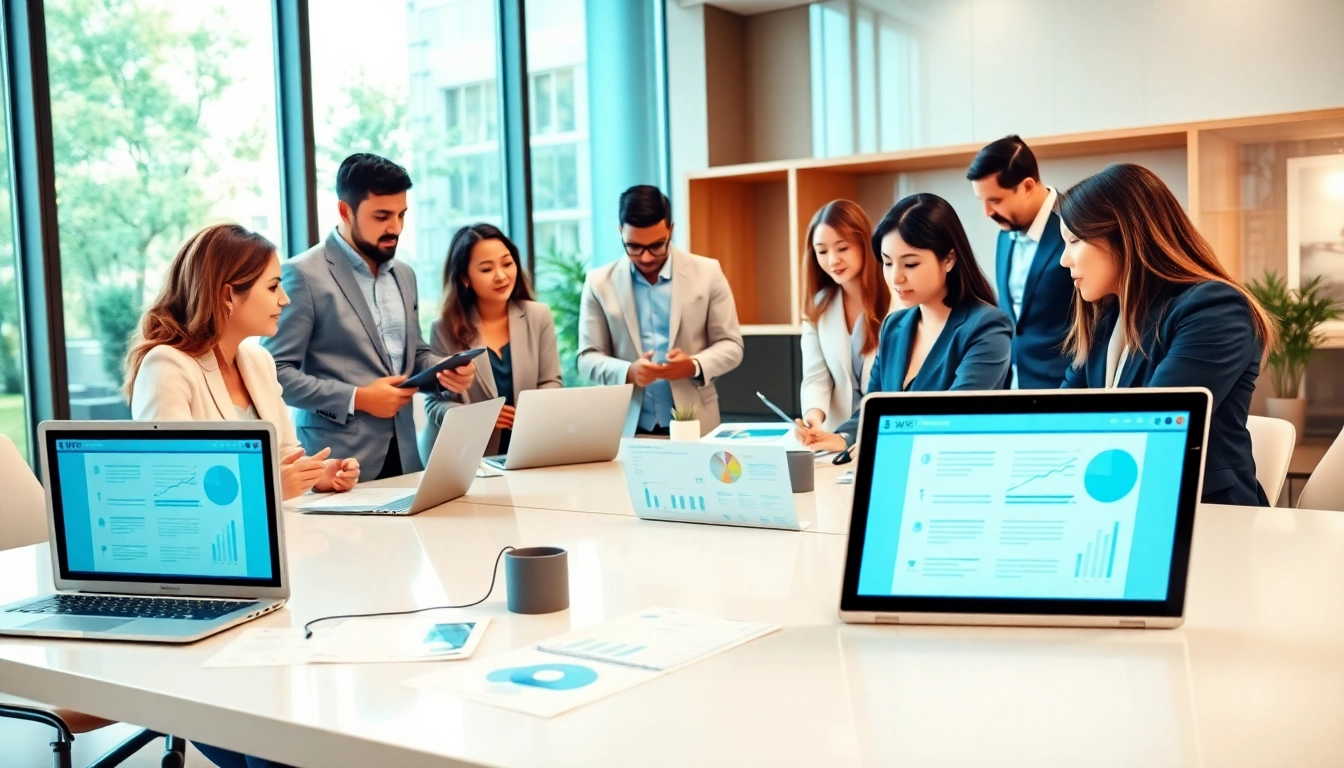 在现代办公室场景中展示的 WPS Office 软件，专业人士正在协同工作。