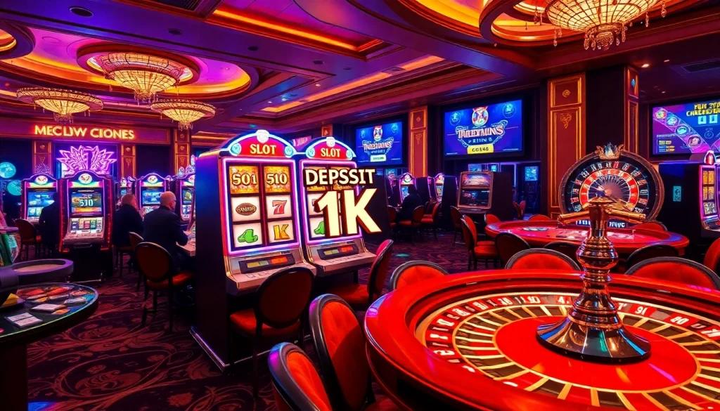 Adegan seru perjudian dengan mesin Slot Deposit 1K yang mewah dan menarik bagi para pemain yang antusias.