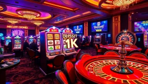 Adegan seru perjudian dengan mesin Slot Deposit 1K yang mewah dan menarik bagi para pemain yang antusias.