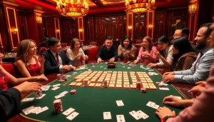 Berpartisipasi dalam permainan Link Mahjong bersama pemain antusias di sekitar meja kasino mewah.