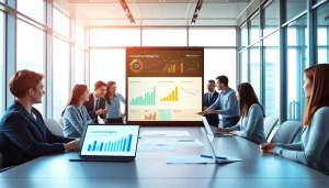 Engaged team analyzing competitive intelligence for sales metrics in a modern office setting.