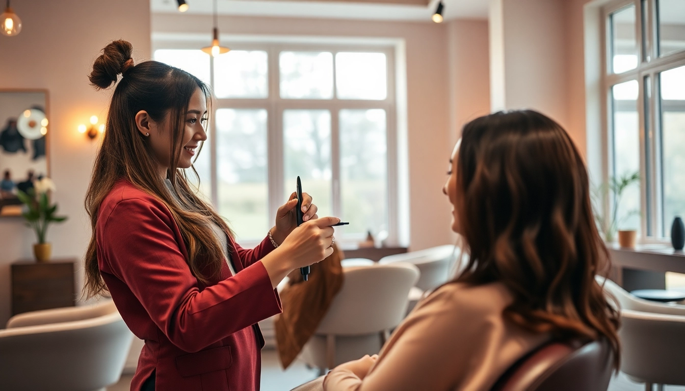 Hairstylist bucuresti oferind servicii personalizate clientului într-un salon elegant.