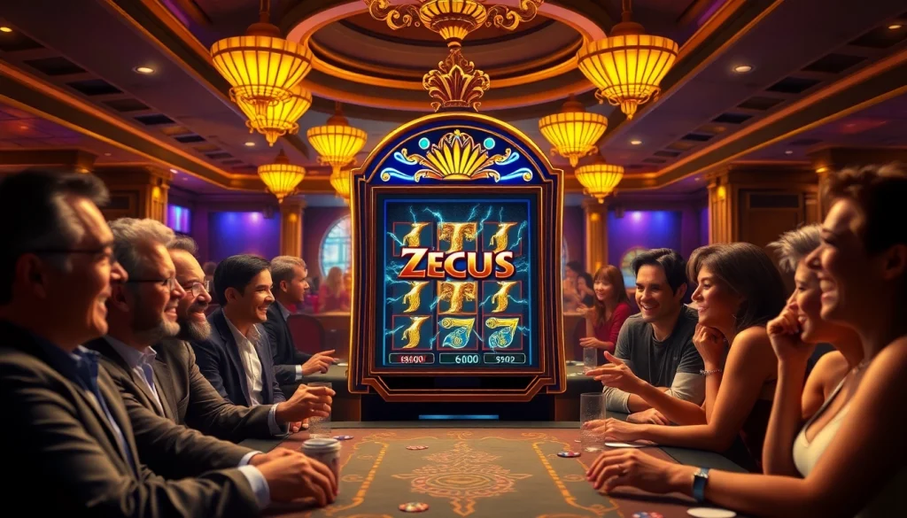 Para pemain menikmati mesin slot Zeus di suasana kasino mewah yang penuh dengan kegembiraan.