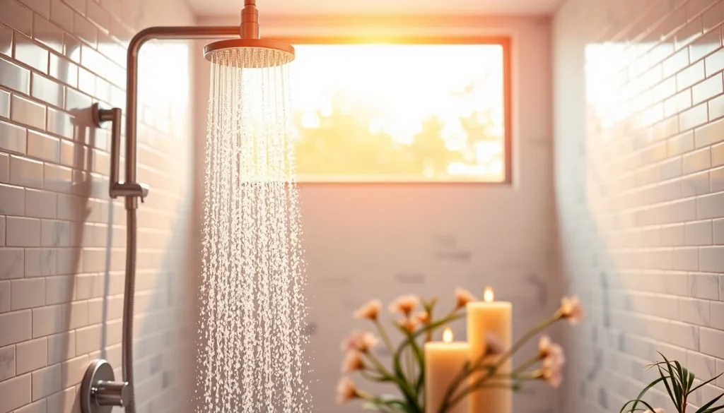 Experience the warm, refreshing sunny shower in a bright, modern bathroom setting.