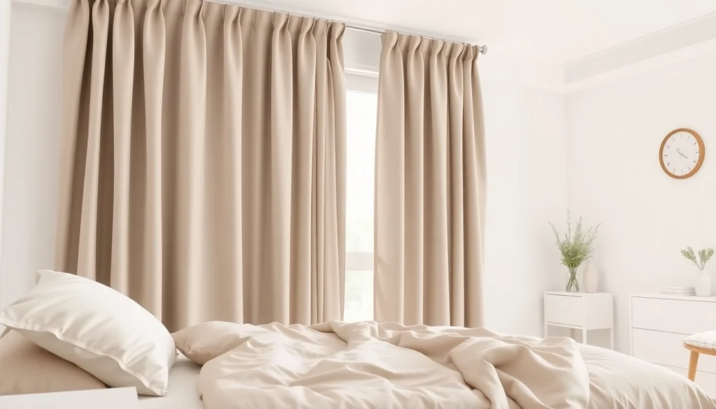 Verduisterende gordijnen in een sfeervolle slaapkamer met natuurlijk licht en rustige kleuren.