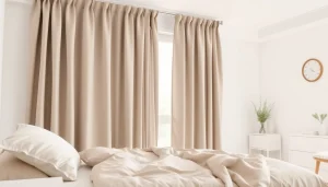 Verduisterende gordijnen in een sfeervolle slaapkamer met natuurlijk licht en rustige kleuren.