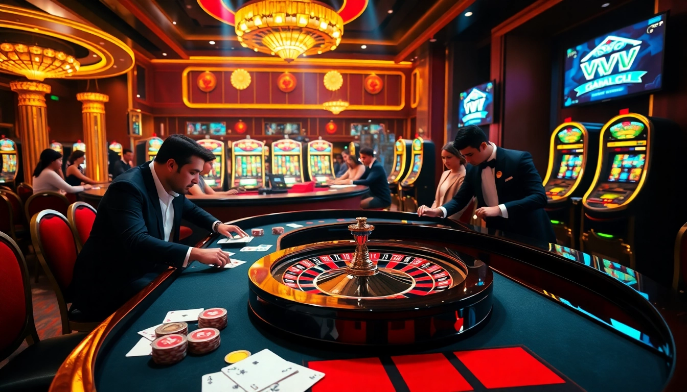 Players engaging in thrilling roulette gameplay at VVJL, surrounded by glamorous casino elements.