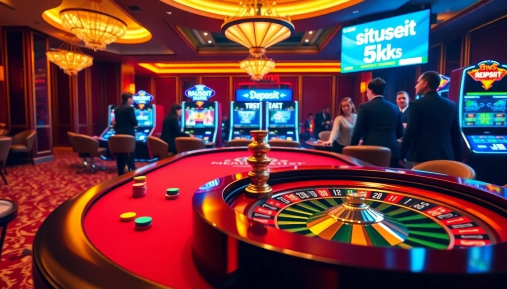 Pemain terlibat dalam aksi kasino yang mendebarkan dengan fokus pada pengalaman bermain situs deposit 5k, chip poker yang berwarna-warni, dan roulette.