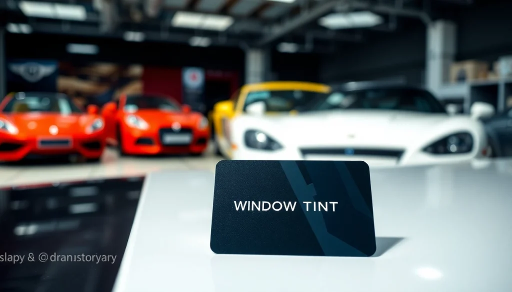 Promote window tint gift card on a stylish counter with luxury vehicles in the background.