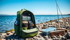 Enhance your fishing experience with a functional fly fishing backpack featured in a lakeside setting.