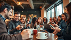 Discover OnlyFans profiles near me at a lively café with diverse individuals engaging on devices.