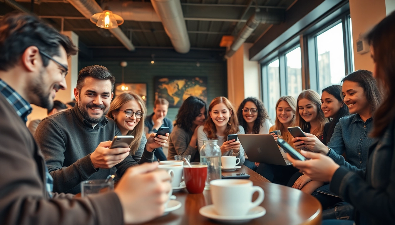 Discover OnlyFans profiles near me at a lively café with diverse individuals engaging on devices.