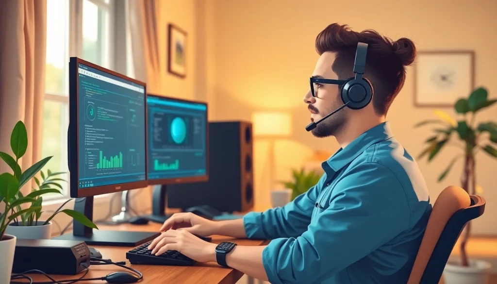 Providing Residential IT support with a technician at a home office, showcasing a professional setup.