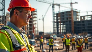 New Jersey Construction Manager supervising a busy construction site with machinery and workers.