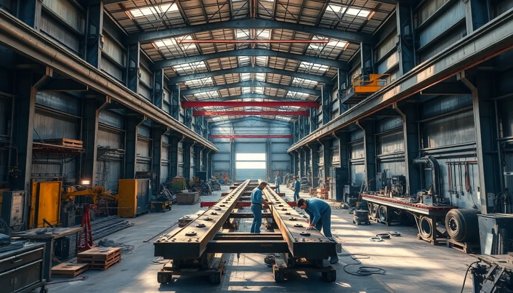 Craftsmen at work in a steel fabrication shop, showcasing precision fabrication techniques.