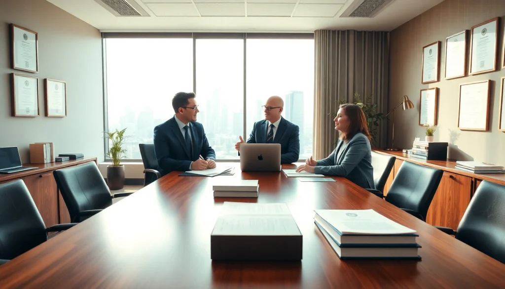 Eminent domain lawyer consulting clients in a bright, modern office, showcasing professionalism.