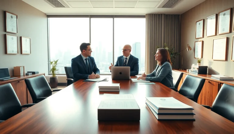 Eminent domain lawyer consulting clients in a bright, modern office, showcasing professionalism.