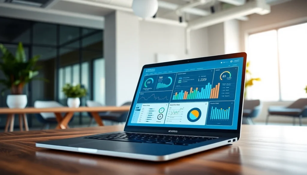 Showcasing AI Software analytics dashboard on a sleek laptop in a modern office