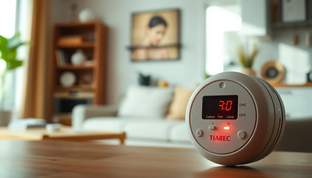 Carbon monoxide detector beeping in a cozy home setting, highlighting safety and alertness.