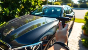 Experience professional car detailing near me with a sparkling vehicle in a lush environment.