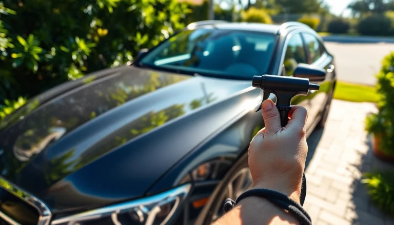 Experience professional car detailing near me with a sparkling vehicle in a lush environment.