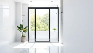 Elegant shower door black frame enhances a modern bathroom's sleek design and airy ambiance.