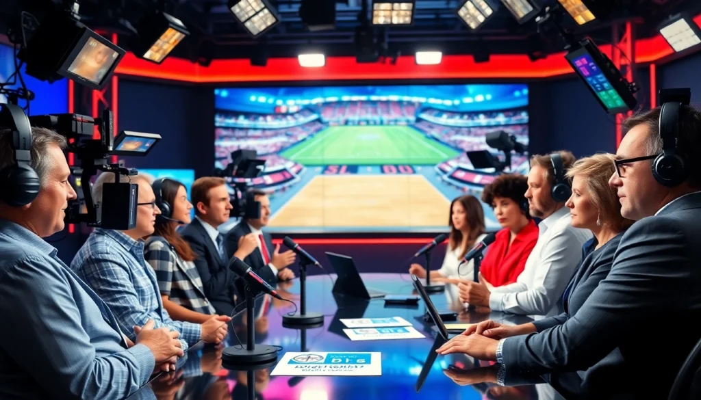 Dynamic sports broadcasting team analyzing game highlights in a professional studio setting.