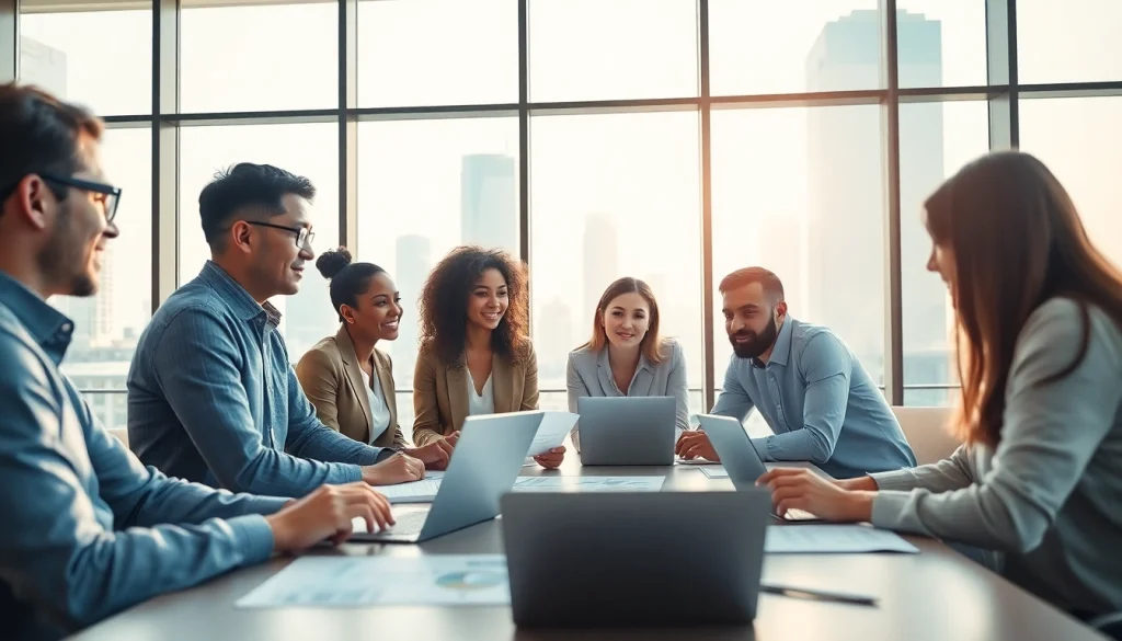 Team collaborating on business growth insights in a modern office environment.
