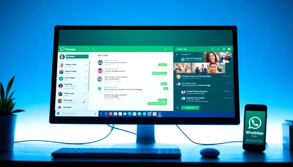 展示用户在 WhatsApp Web 上发送消息和共享文件的界面，突出无缝沟通。