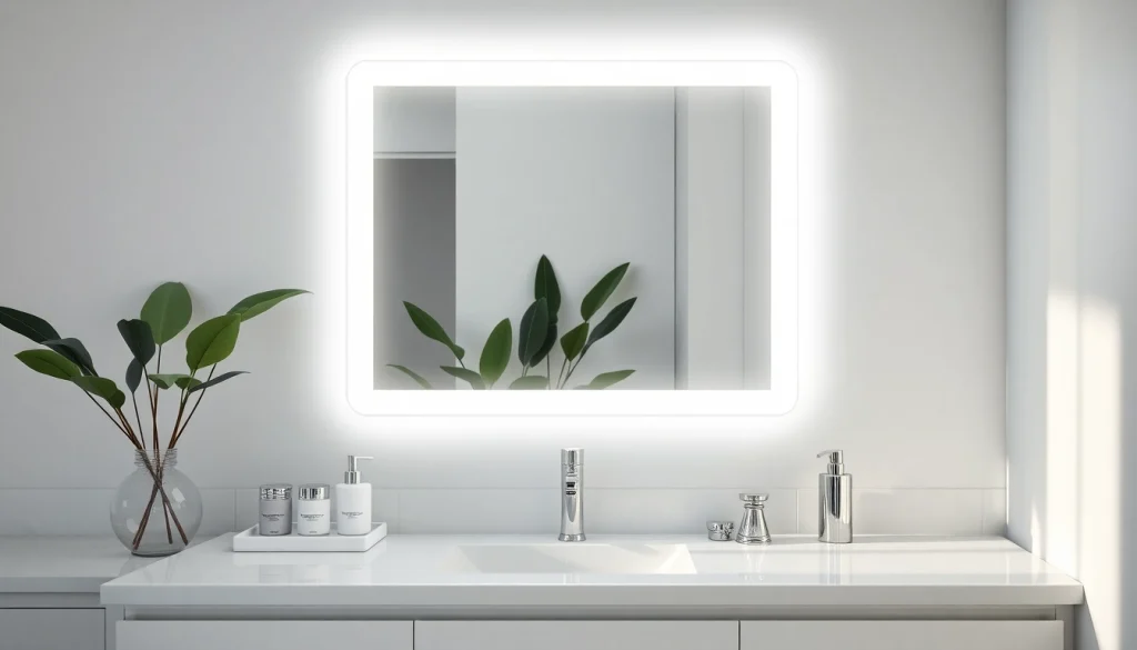 Enhance your experience with a sophisticated mirror with lights, beautifully illuminating a modern bathroom.