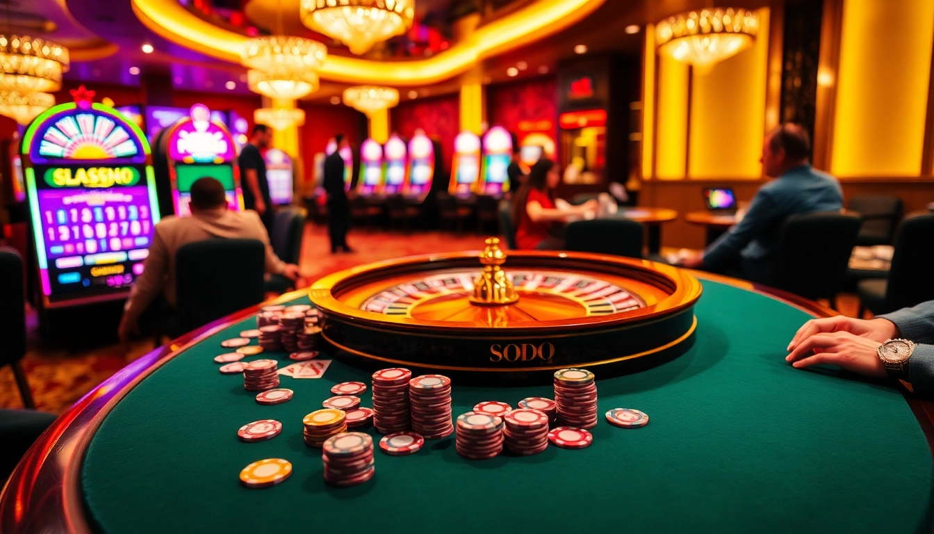 SODO CASINO features an exciting poker table surrounded by colorful chips and a roulette wheel.