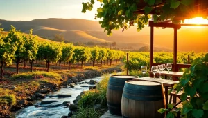 Explore the beauty of Clarksburg wineries amid lush vineyards and serene outdoor tasting areas.
