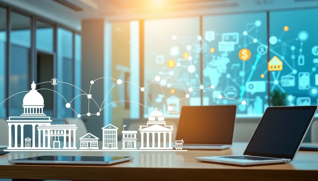 Visualize core banking integration for lending platforms with connected financial institutions and flowing data.